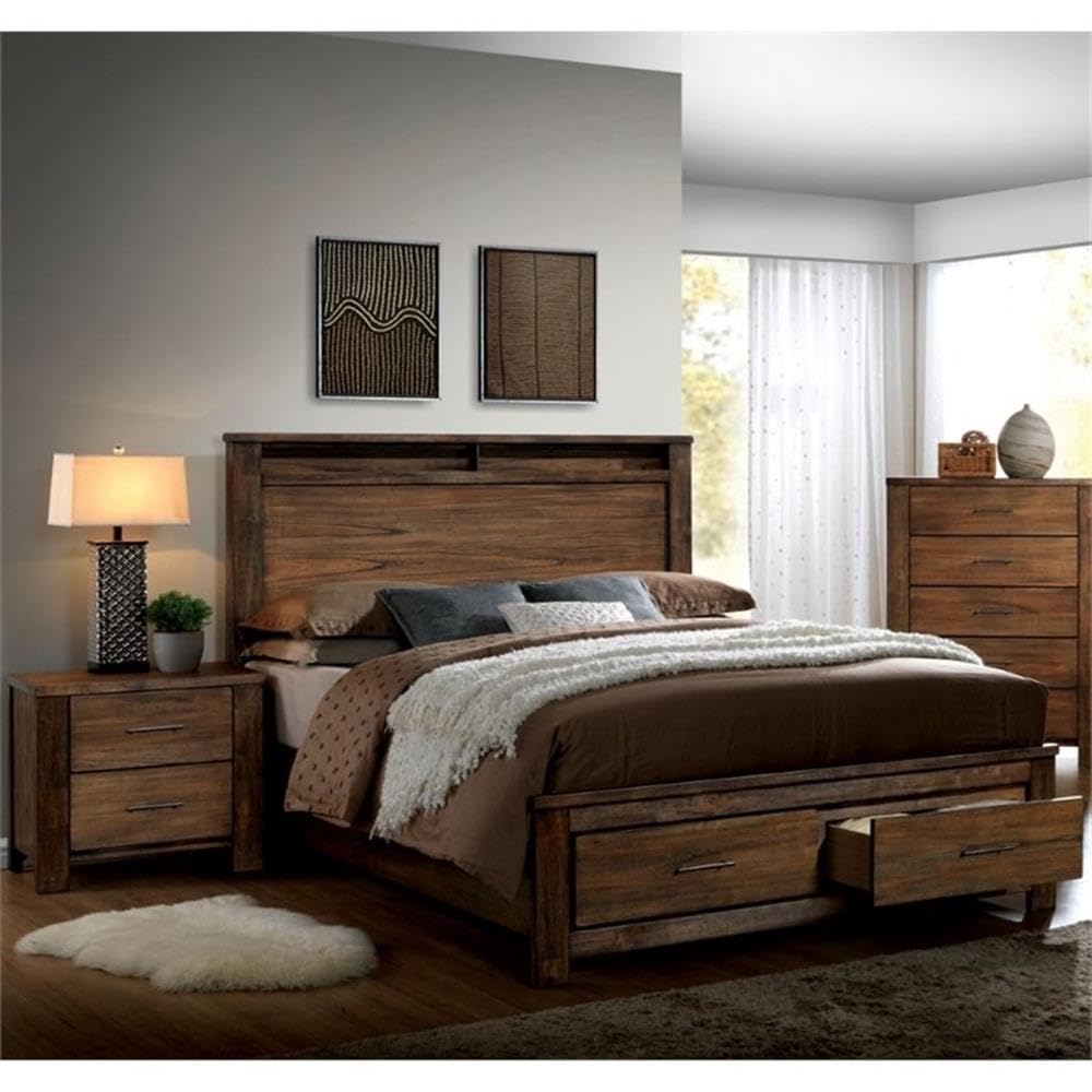 FOA Nangetti 2pc Antique Oak Solid Wood Bedroom Set - King + Nightstand