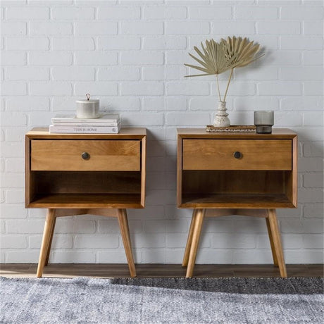 Ella Mid-Century Modern 2-Piece 1-Drawer Solid Wood Nightstand Set, 2 Pack, Caramel