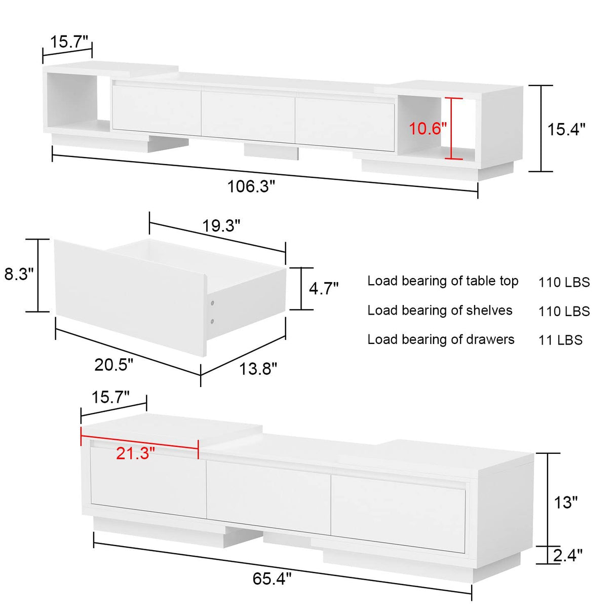 Extendable TV Console Table Modern TV Cabinet with Drawers