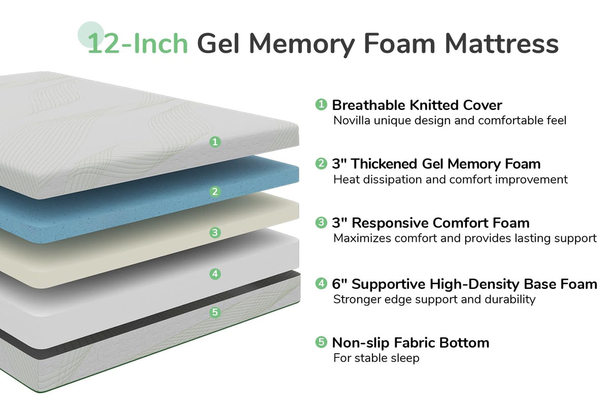 Queen Size Mattress, 12 Inch Gel Memory Foam Mattress Queen,