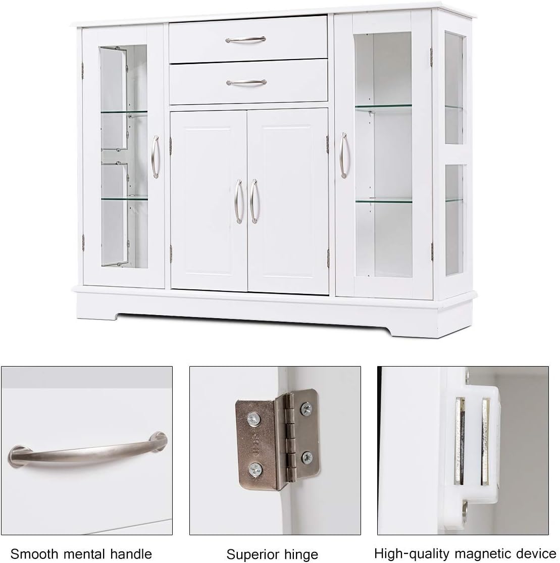 Sideboard Buffet Server Storage Cabinet W/ 2 Drawers, 3 Cabinets and Glass Doors