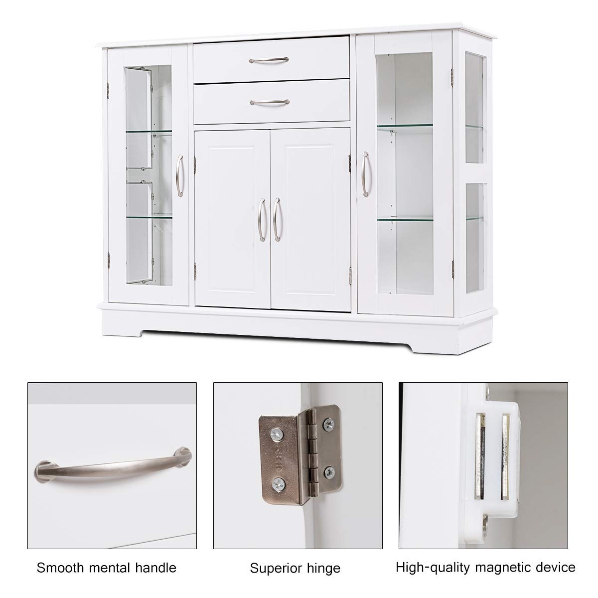 Sideboard Buffet Server Storage Cabinet W/ 2 Drawers, 3 Cabinets and Glass Doors