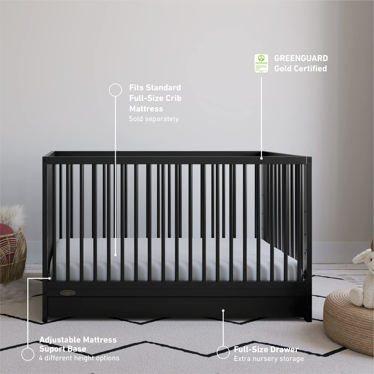 5-in-1 Convertible Crib with Drawer (Black) – GREENGUARD Gold Certified, Crib