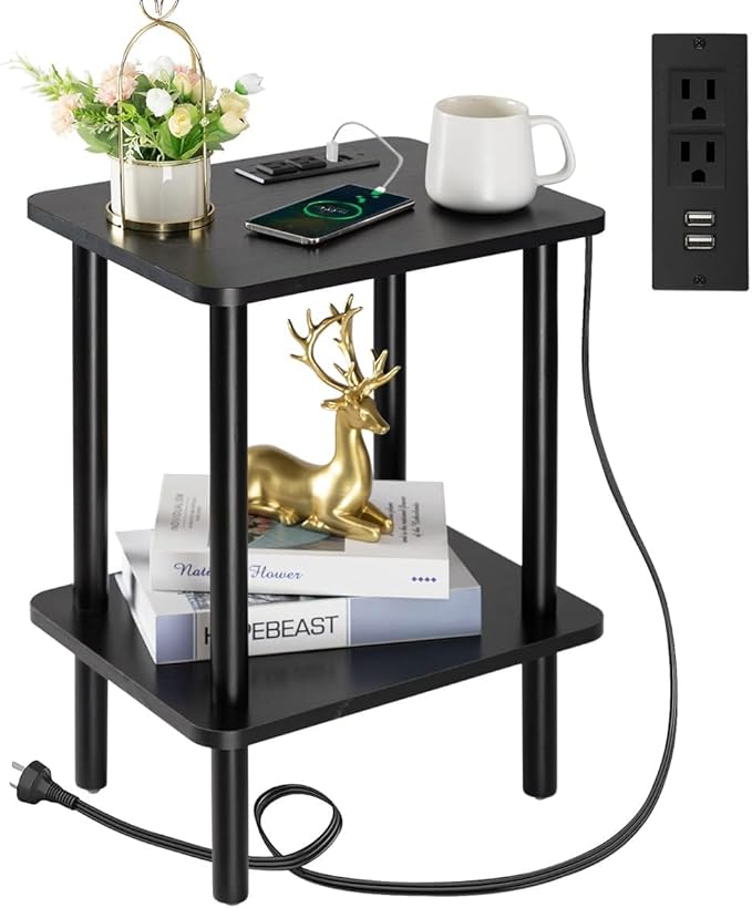 Side Table, End Table with Charging Station, Small Bedside Table Small Side