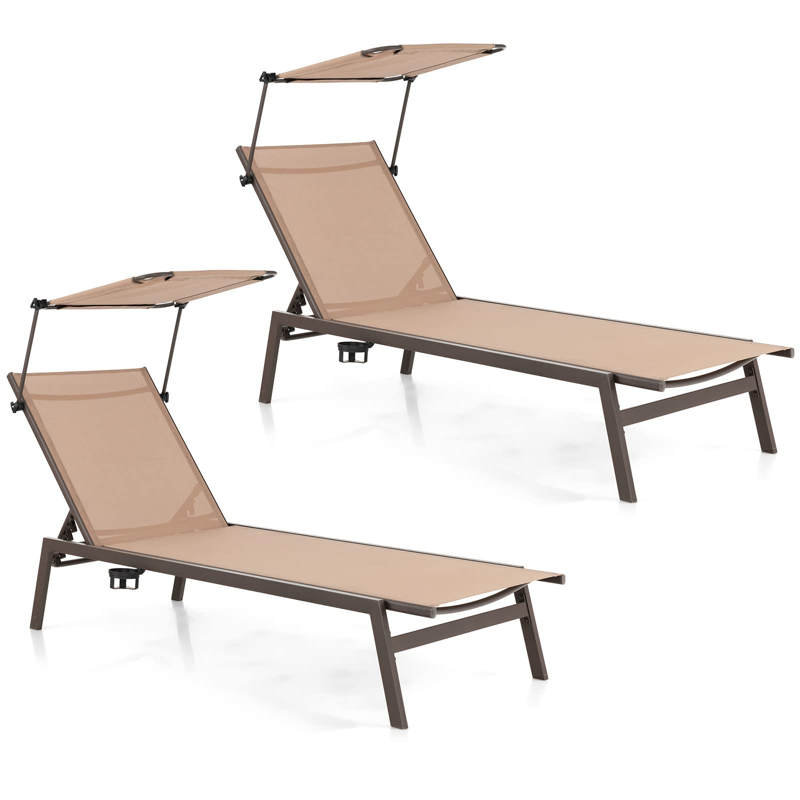 Outdoor Chaise Lounge Chair- Tanning Chair with Sunshade, 6 Adjustable Position