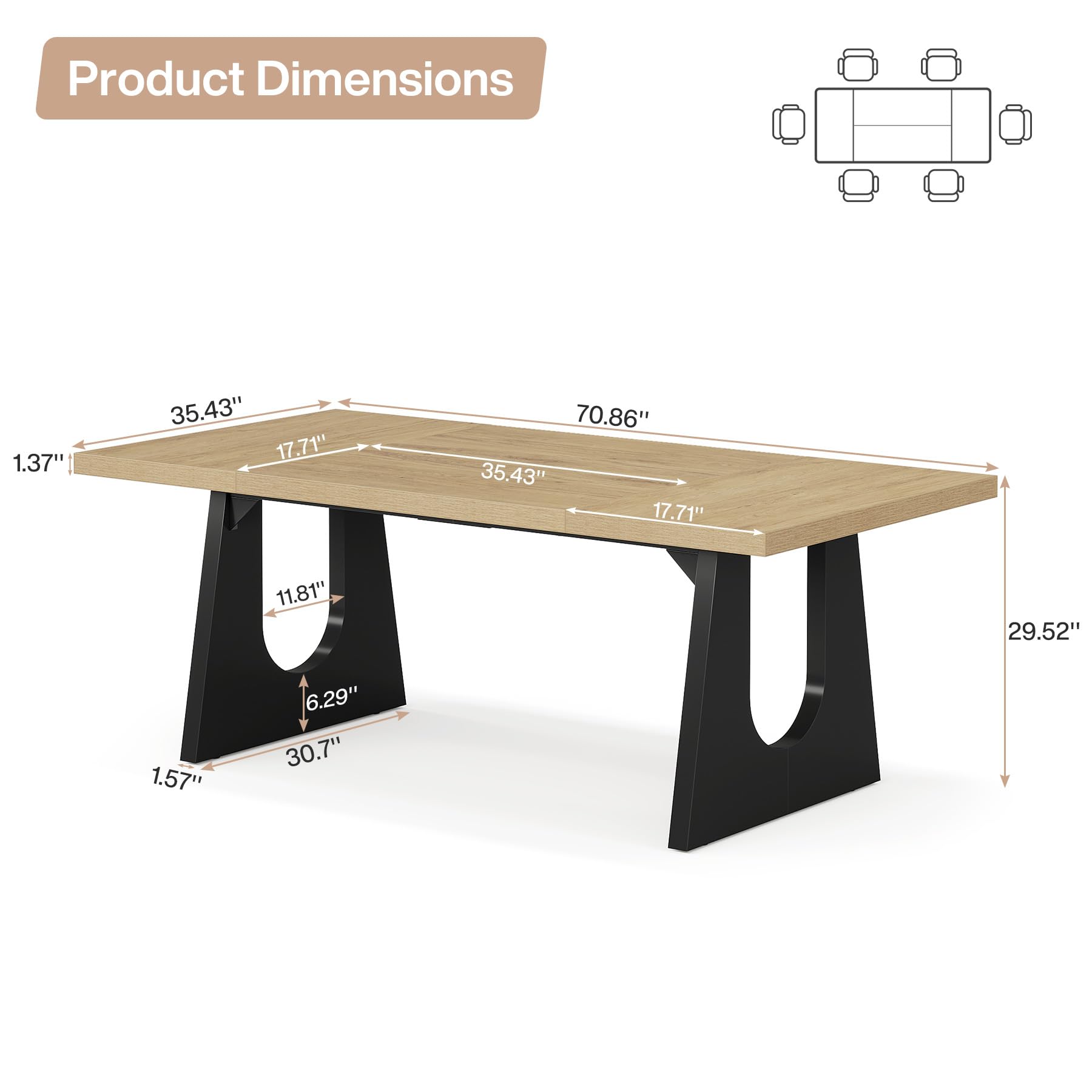 70.9-Inch Rustic Farmhouse Dining Table for 6-8 People