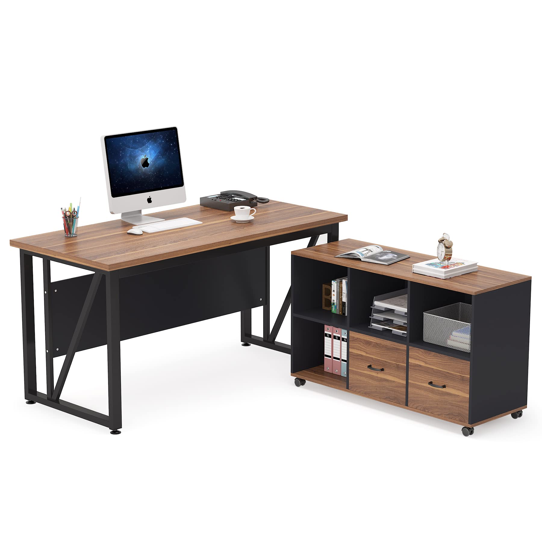 55 inches Executive Desk and 43" lateral File Cabinet, L-Shaped Computer Desk Home Office Furniture with Drawers and Storage Shelves, Office Table with Cabinet (Walnut, 55)