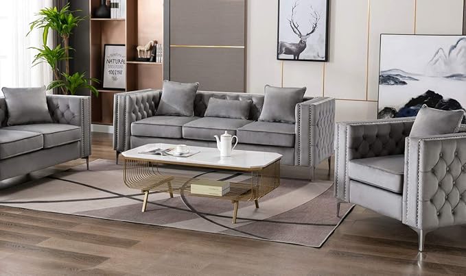 Velvet Reversible Sectional Sofa with Ottoman and Tufted Back
