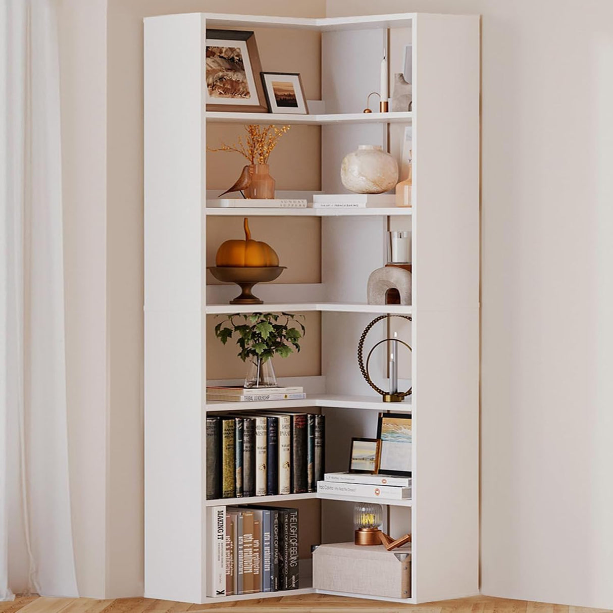 Bookcase 6 Tiers with Baffles, Large Corner Bookshelf