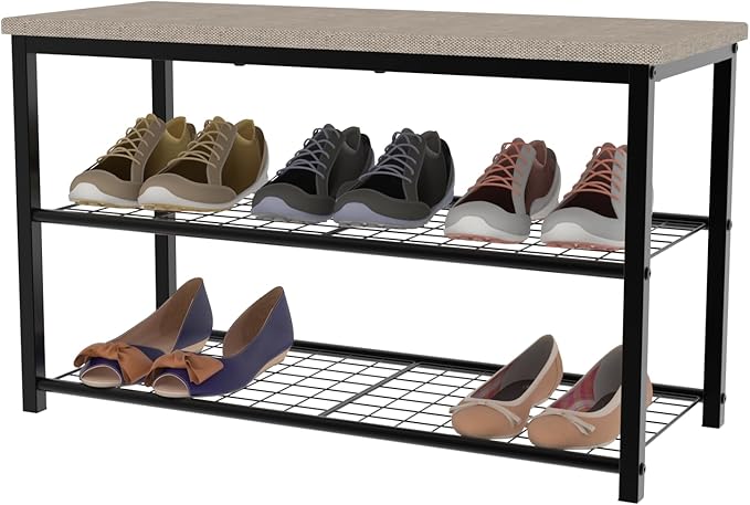 Shoe Bench, 3 Tiers Shoe Rack for Entryway, Storage Organizer with Two Iron Shelf and top for Board