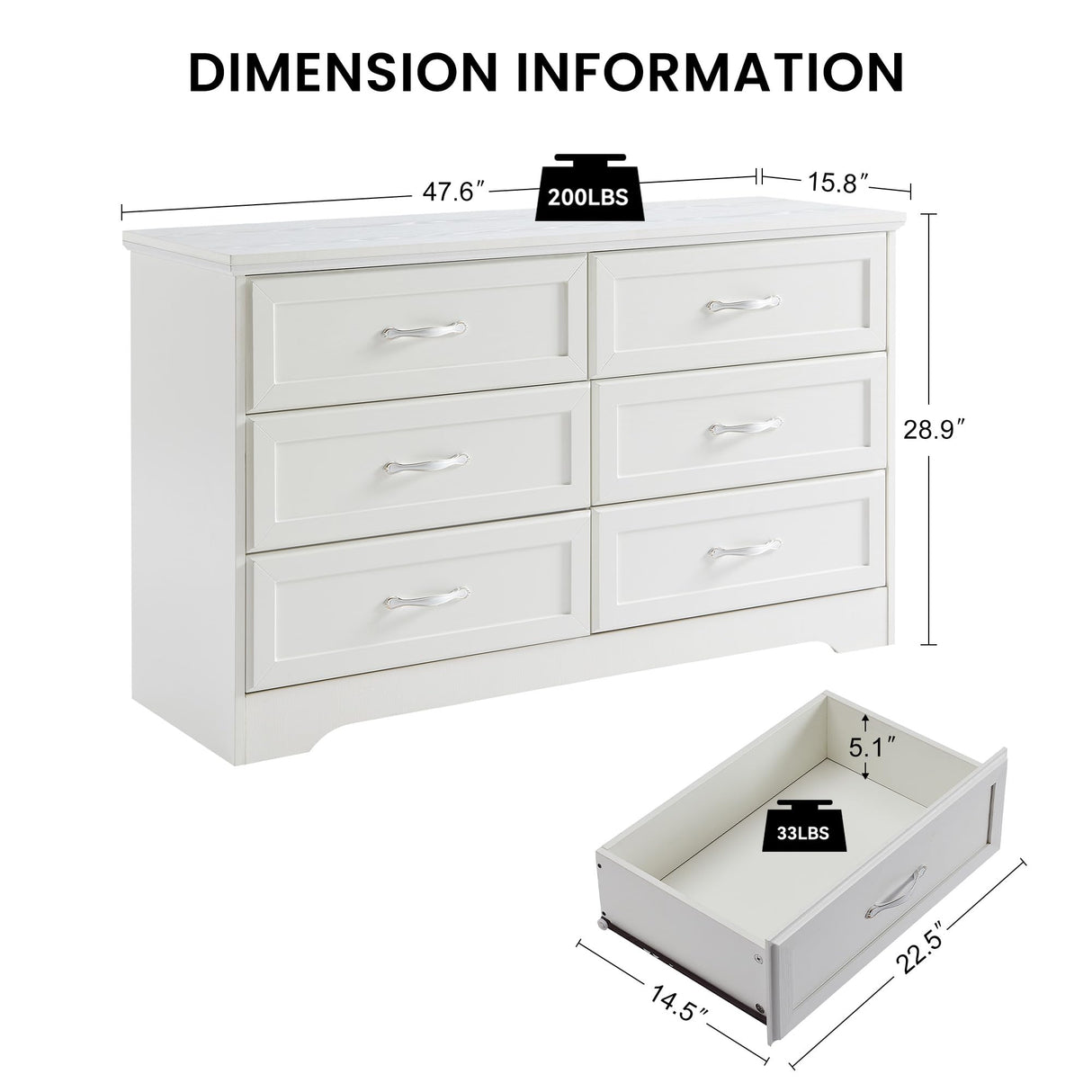 White Dresser for Bedroom, 6 Drawer Dressers with Antique Handles, Wood Chest of