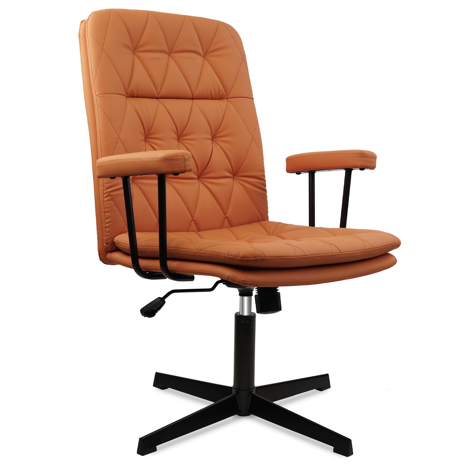 Office Chair No Wheels, Leather Desk Chair with Arms, Mid Back Modern Height Adjustable Computer Chair with Soft Cushion, Swivel Task Chair for Home Office, Orange