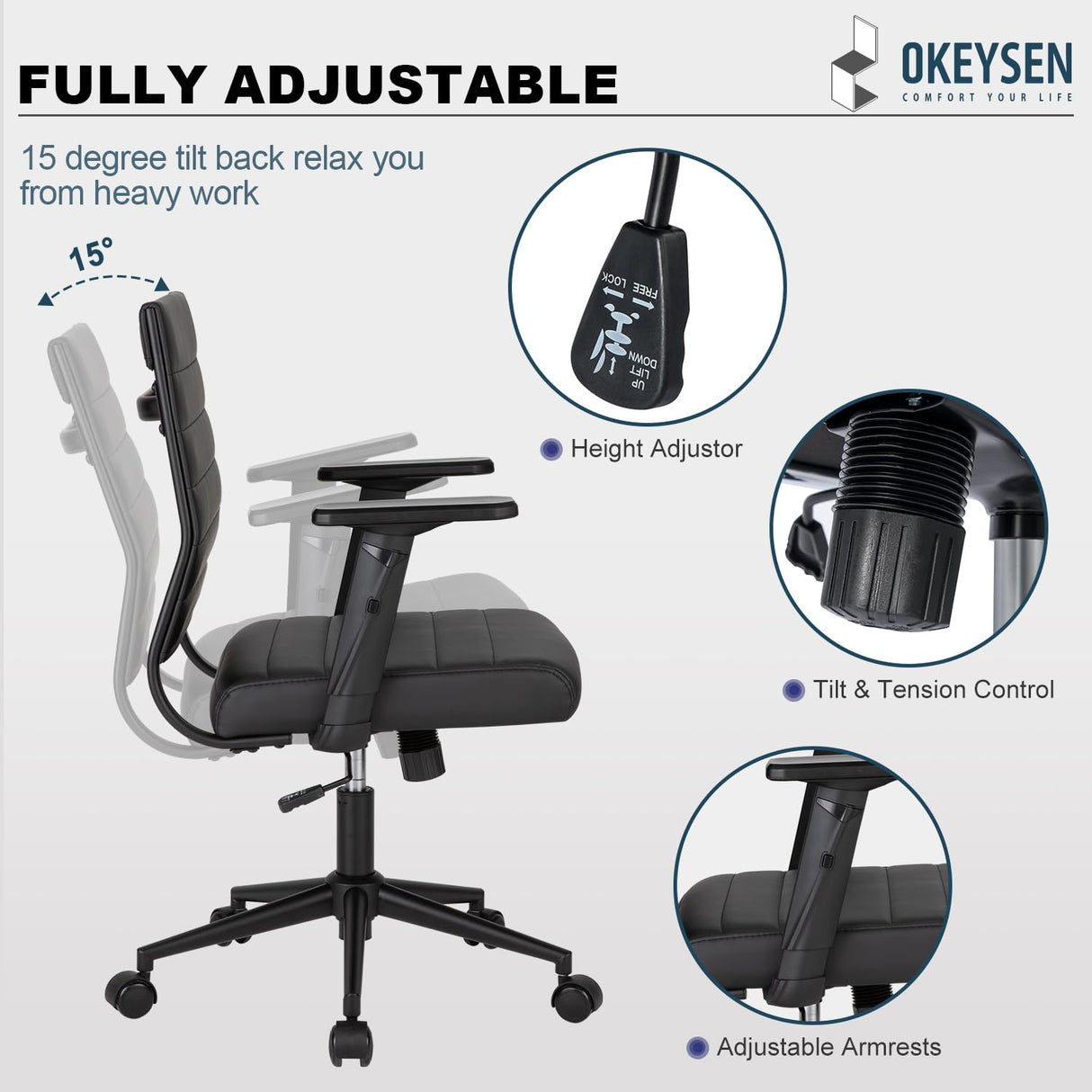 Office Desk Chair with Adjustable Arm Rests, Mid Back Ergonomic Swivel Conference Room