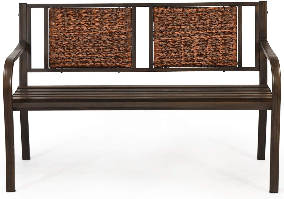 Outdoor Garden Bench, Brown, Iron, Metal, Polyethylene, Rattan, 50.5 in Width, 2 Adults