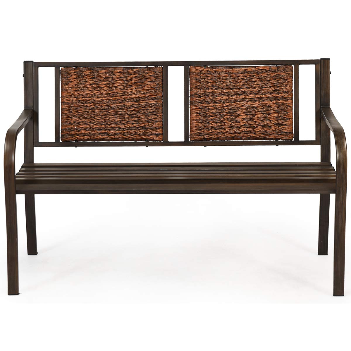 Outdoor Garden Bench, Brown, Iron, Metal, Polyethylene, Rattan, 50.5 in Width, 2 Adults