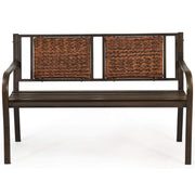Outdoor Garden Bench, Brown, Iron, Metal, Polyethylene, Rattan, 50.5 in Width, 2 Adults