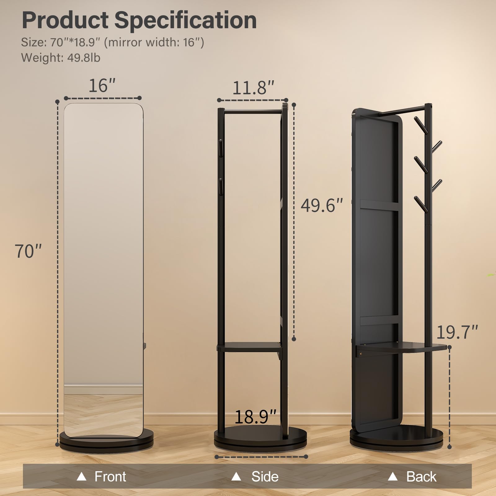 70x19 Full Length Floor Mirror with Stand - Solid Wood Swivel Mirror