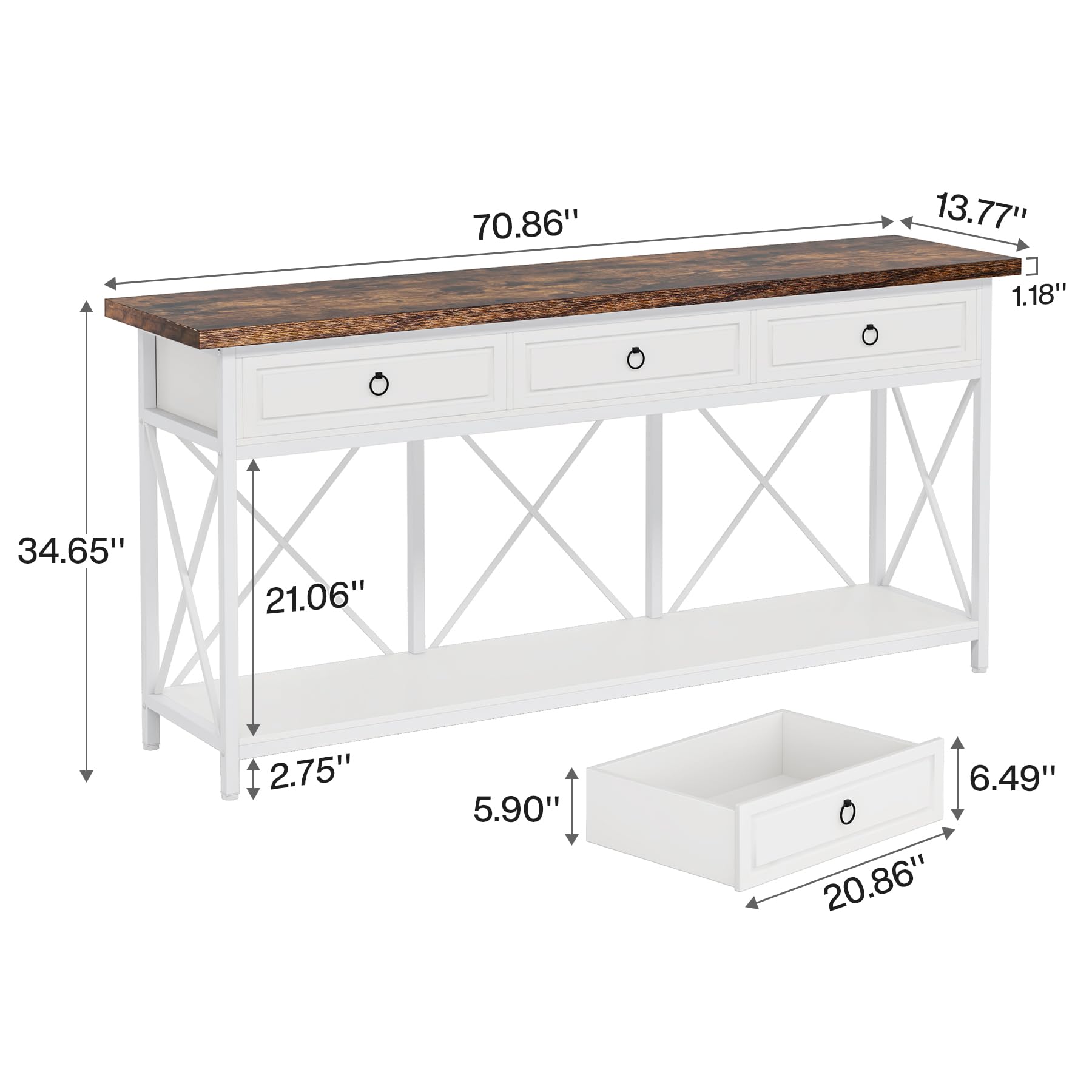 70.8" Console Table with 3 Drawers, Farmhouse Entryway Table with Storage Shelf