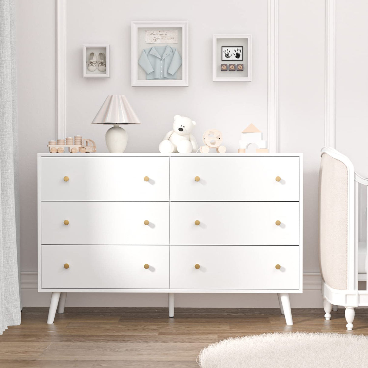 White Dresser for Bedroom, Modern 6 Drawer Dresser, Wide Chest of Drawers with Gold