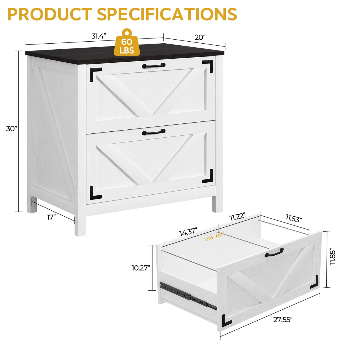 Farmhouse File Cabinet 2 Drawer - Lateral Filing Cabinet for Home Office - Compatible