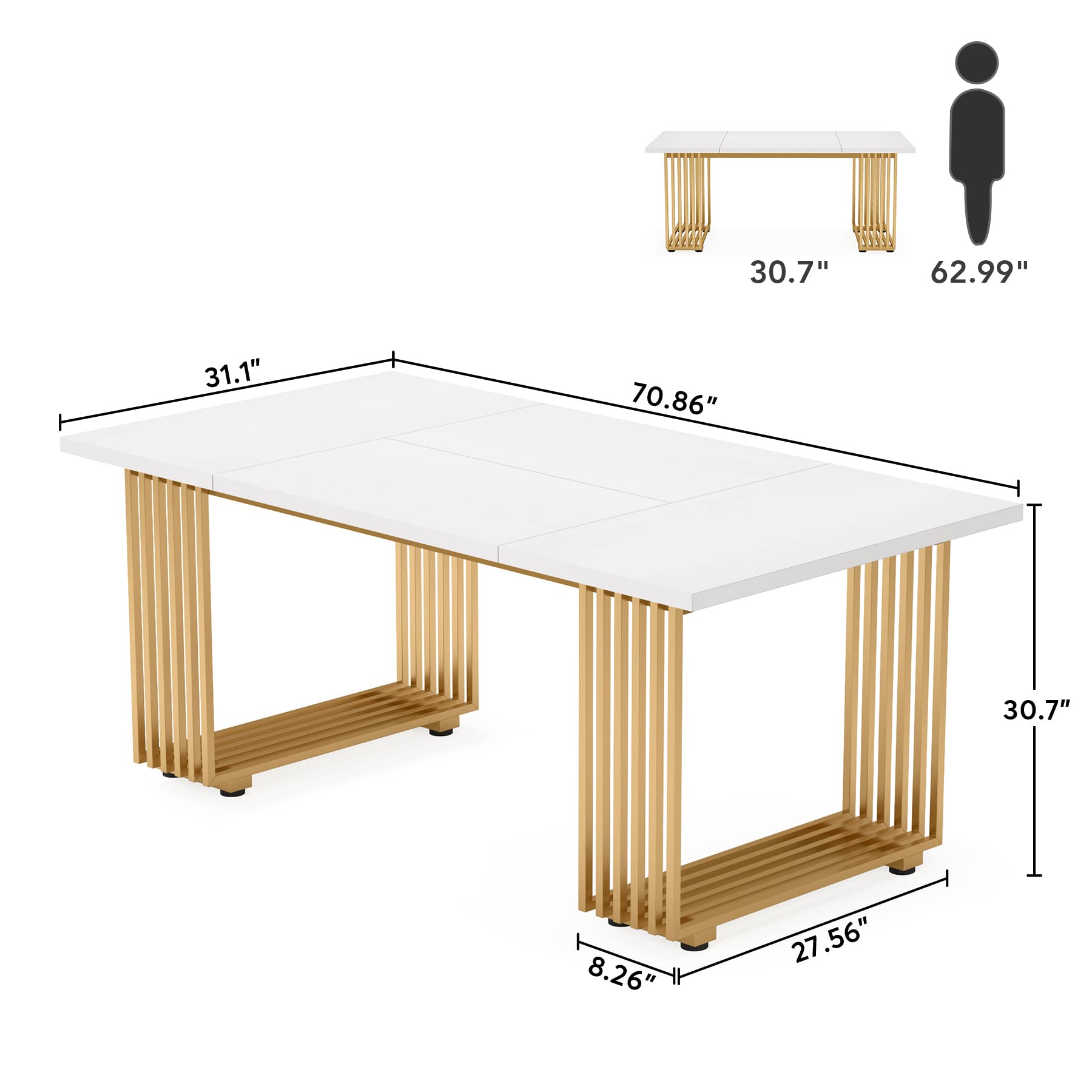 70.8" Modern Dining Table for 6-8 People - White Wood with Gold Metal Legs