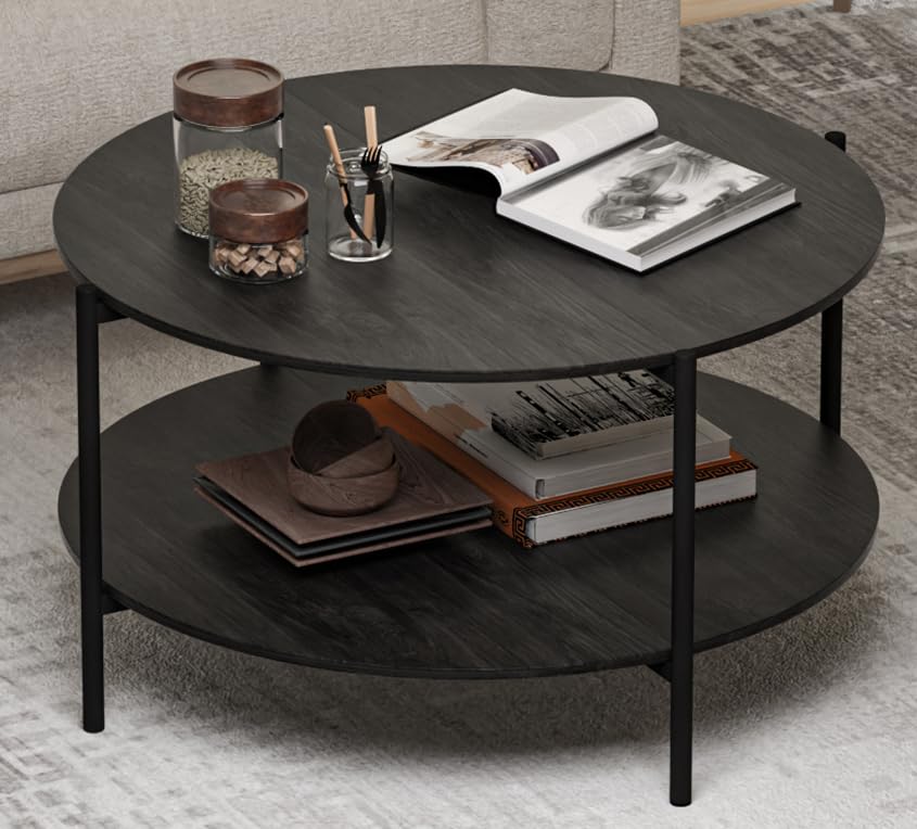 Round Coffee Table, 2-Tier 32.9" Circle Coffee Tables with Storage Wood Rustic