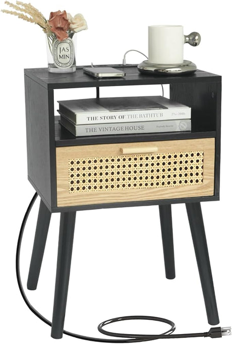 Modern Nightstand Rattan Side End Table with Storage, for Living Room, Bedroom and Small Spaces,