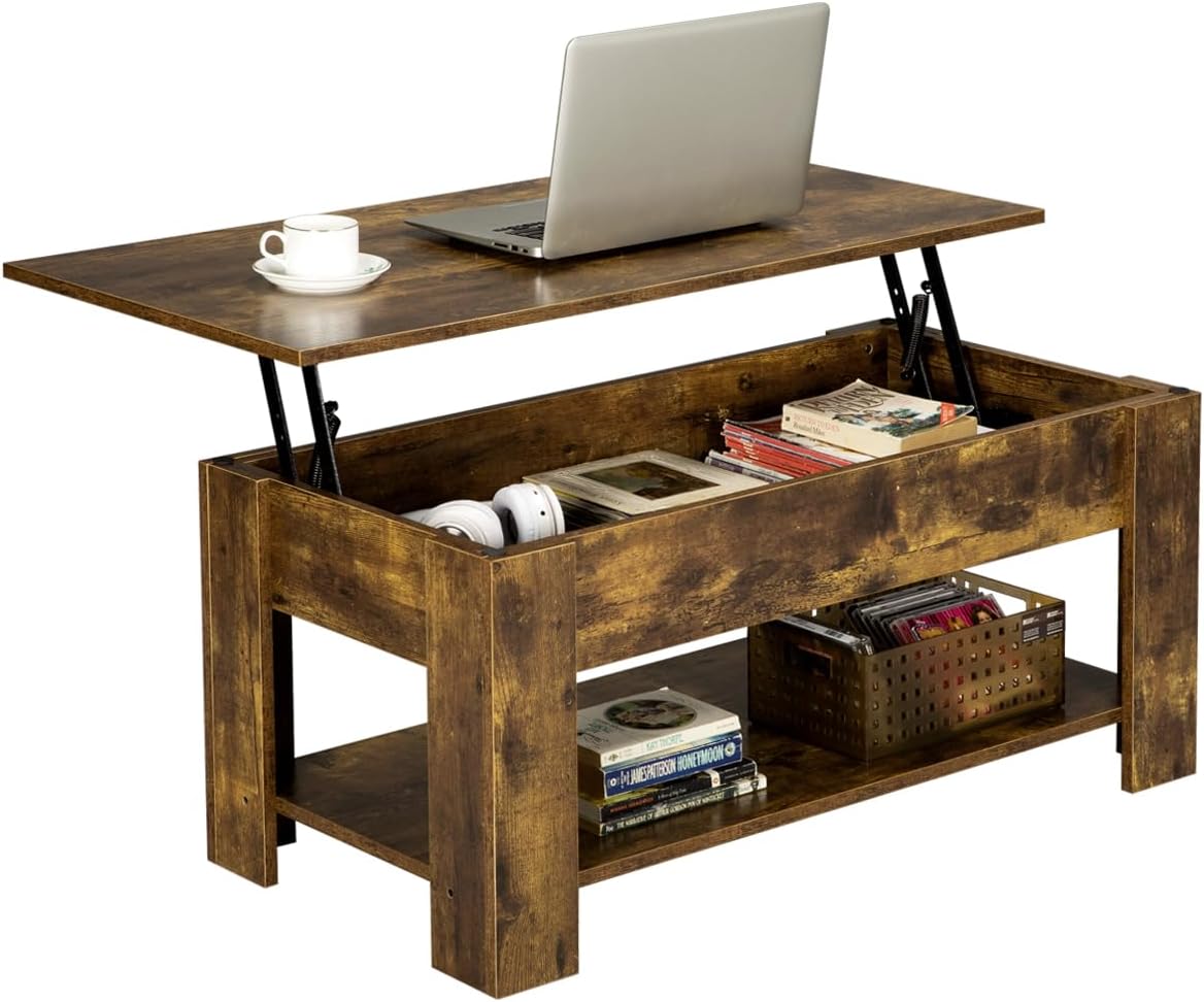 Vintage Coffee Table, Lift Top Coffee Table with Large Hidden Storage Shelf