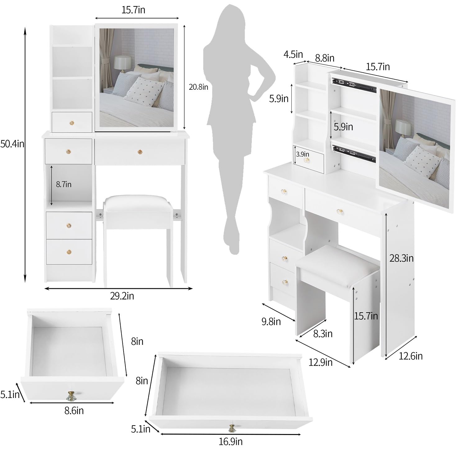 Small Makeup Vanity Desk Set with Sliding Mirror and Stool,Vanity Table with Storage Drawers and Shelves for Bedroom (White)