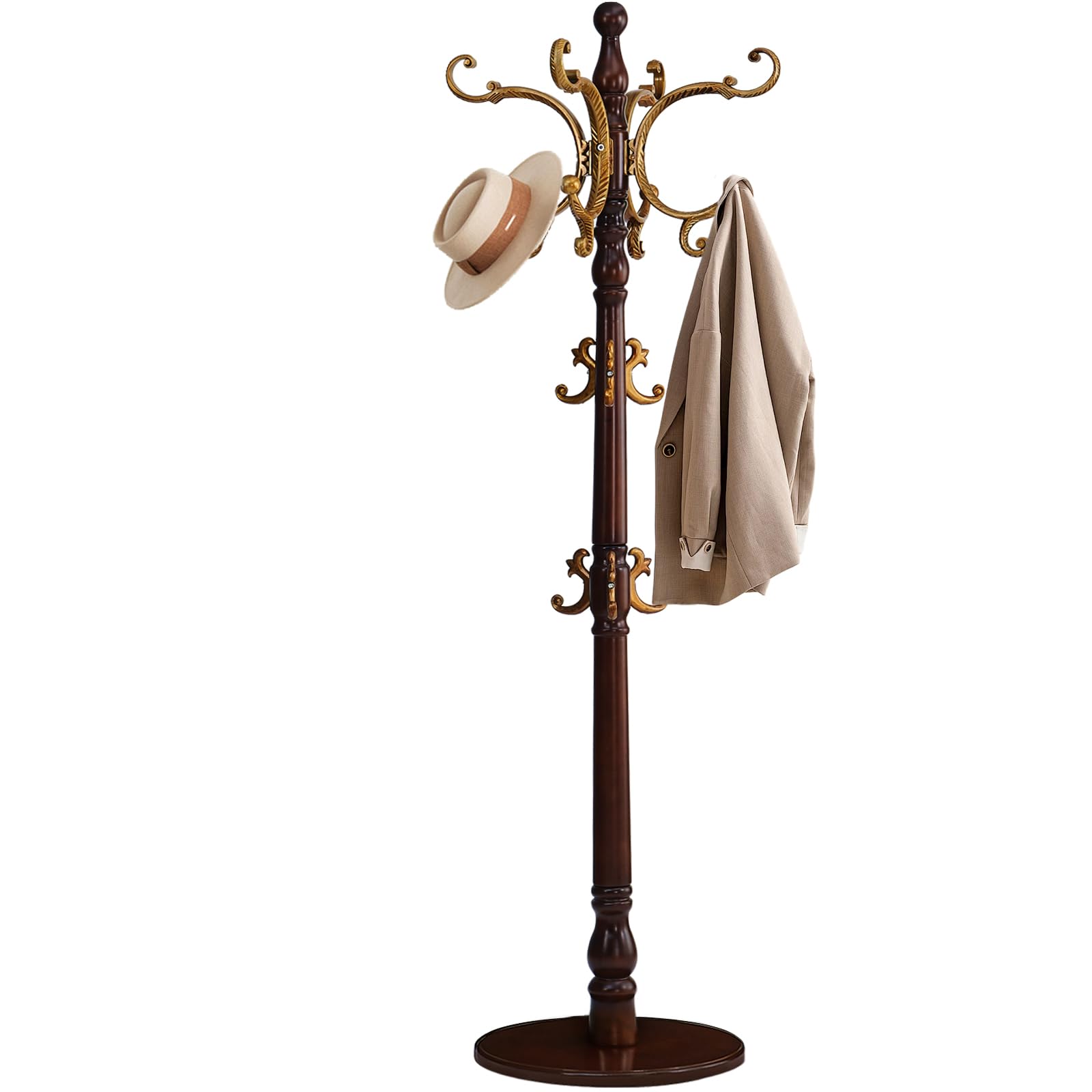 Coat Rack Freestanding, Wooden Coat Tree with Stable Round Base