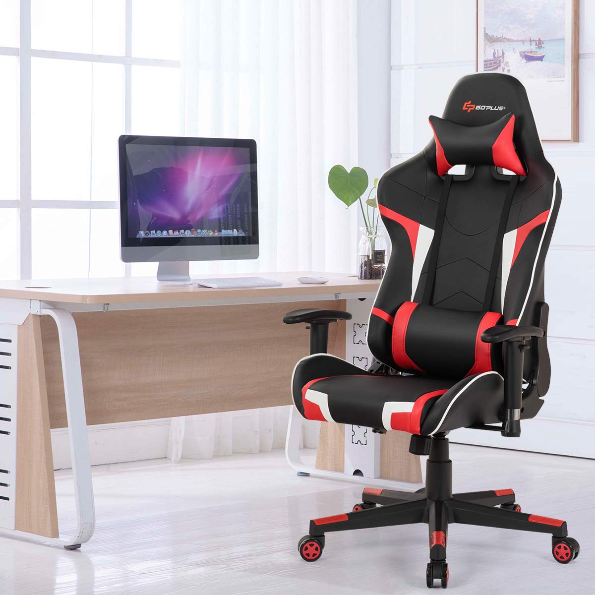 Ergonomic Gaming Chair with Massage Lumbar Support - Red PU Leather