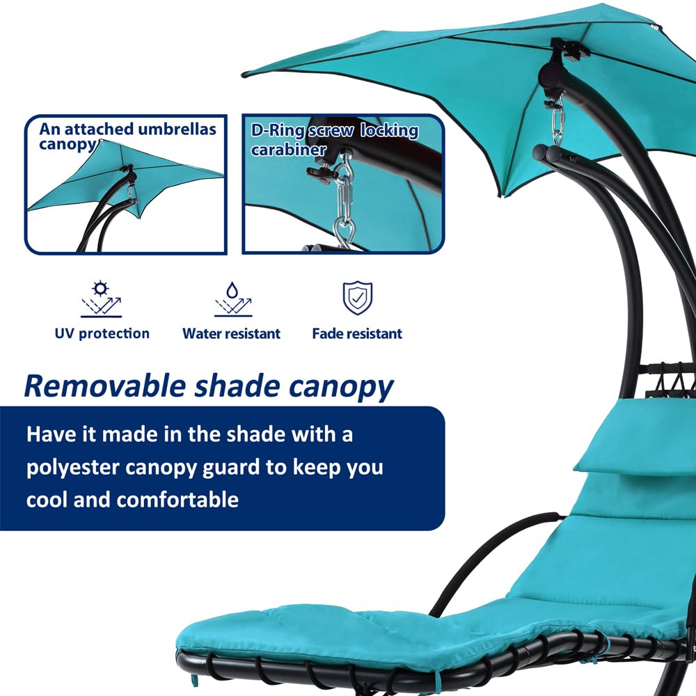 Outdoor Hanging Curved Steel Chaise Lounge Chair Swing w/Built-in Pillow and Removable Canopy, Hanging Curved Chaise Lounge Chair Swing for Patio Porch Poolside, Hammock Chair with Stand (Blue)