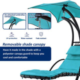 Outdoor Hanging Curved Steel Chaise Lounge Chair Swing w/Built-in Pillow and Removable Canopy, Hanging Curved Chaise Lounge Chair Swing for Patio Porch Poolside, Hammock Chair with Stand (Blue)