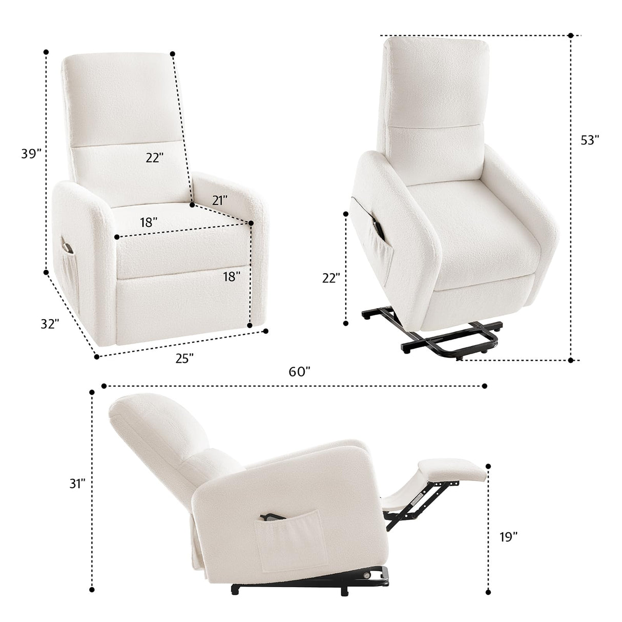 Lift Recliner Chairs for Adults, Small Electric Recliners with High Back & Side Pocket for Nursery Living Room Bedroom, Comfy Upholstered Modern Nursing Single Sofa, Teddy White