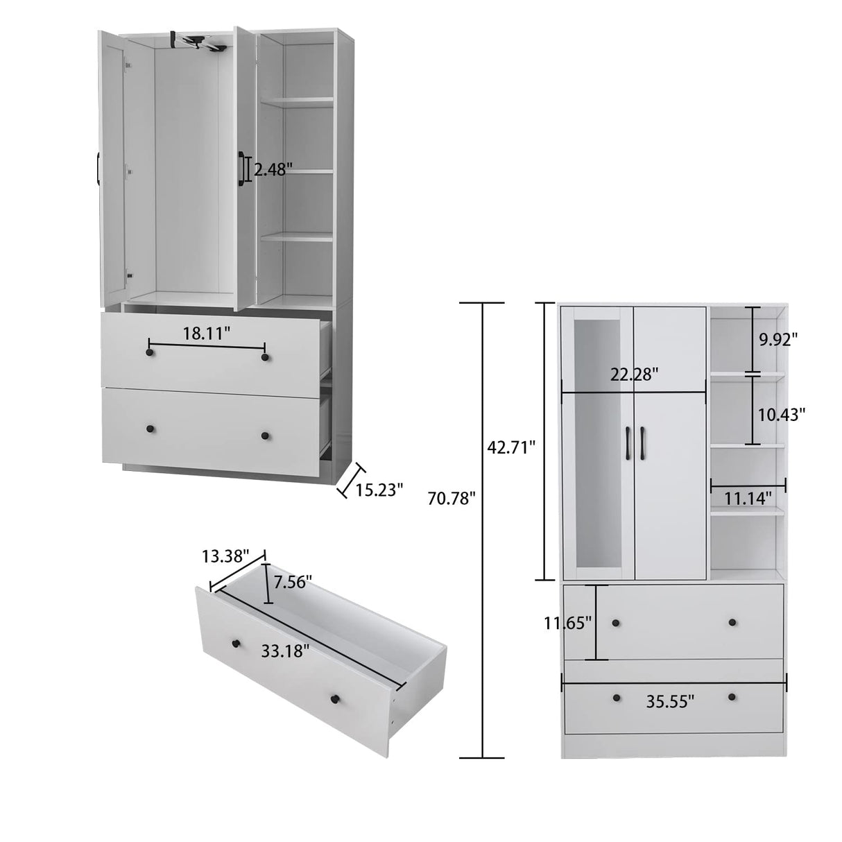 Wardrobe Armoire Wooden Closet with Mirror, 2 Doors, 2 Drawers