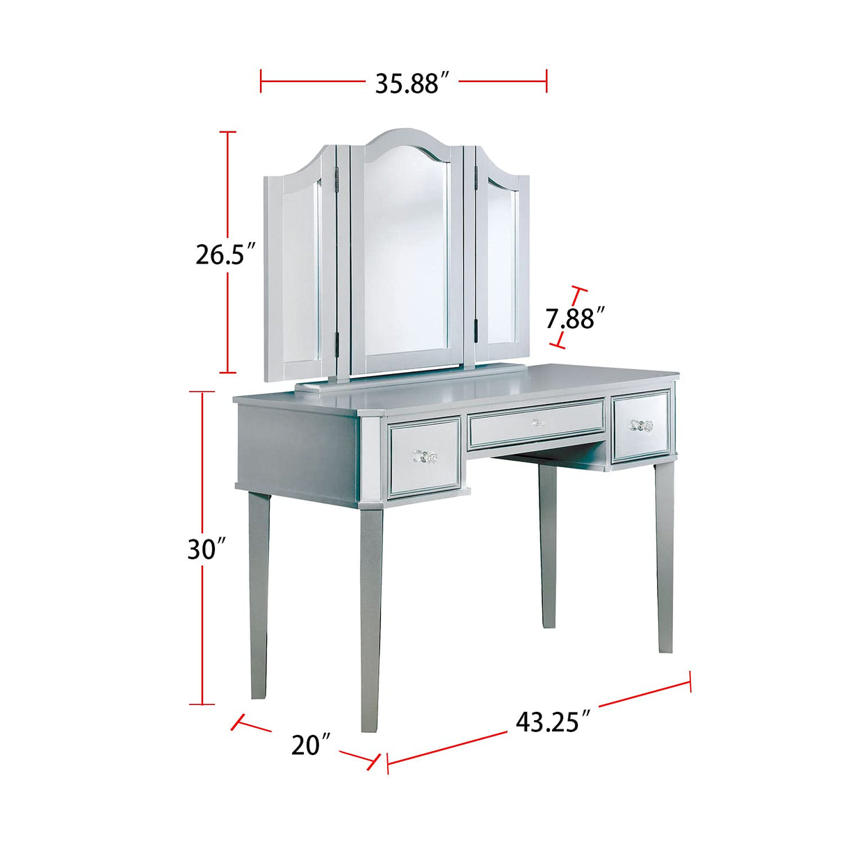 Wooden Vanity with Stool with 3 Drawers in Silver