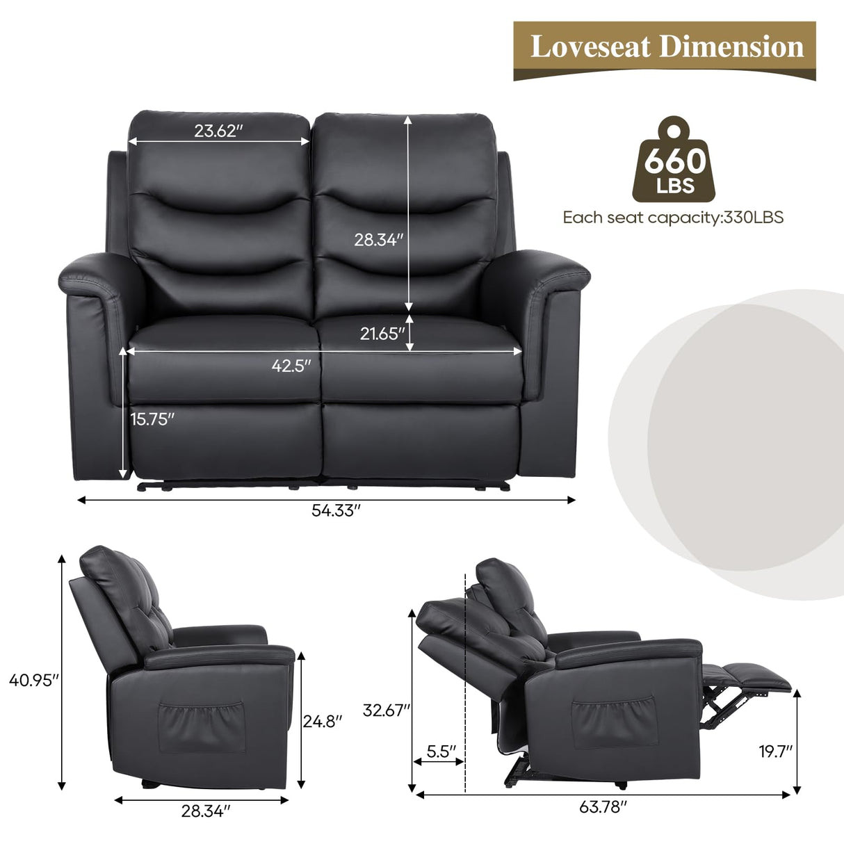 Loveseat Recliner, Double Recliner Chair with Adjustable Footrest