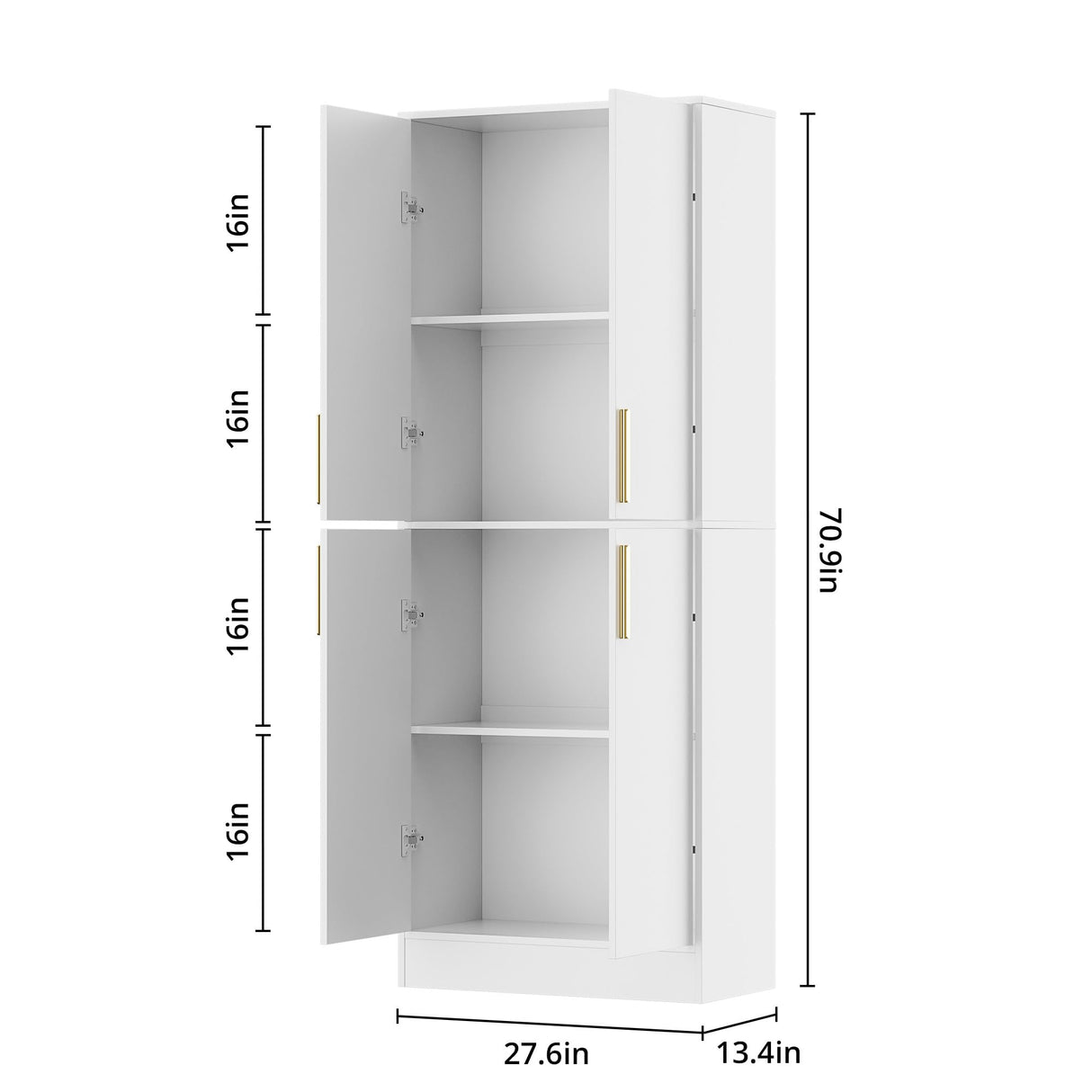 Housoul 71" Tall Pantry Cabinet, 4 Doors Kitchen Pantry Storage Cabinet, Freestanding Larder Cupboard, Kitchen Hutch Cabinet, Utility Pantry with Gold Handles for Kitchen, Dining Room, Bathroom, White