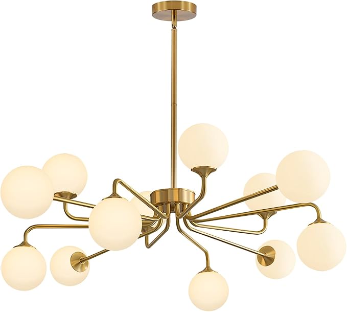 Lighting 9 Light Mid Century Modern Sputnik Chandelier White Opal Glass Globe Pendant