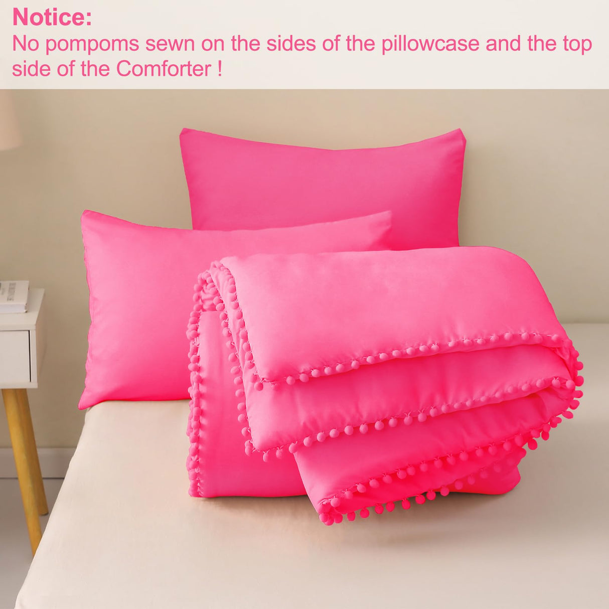 Boho Pom Pom Ball Fringe Twin Comforter Set, 2 Piece Hot Pink Lightweight