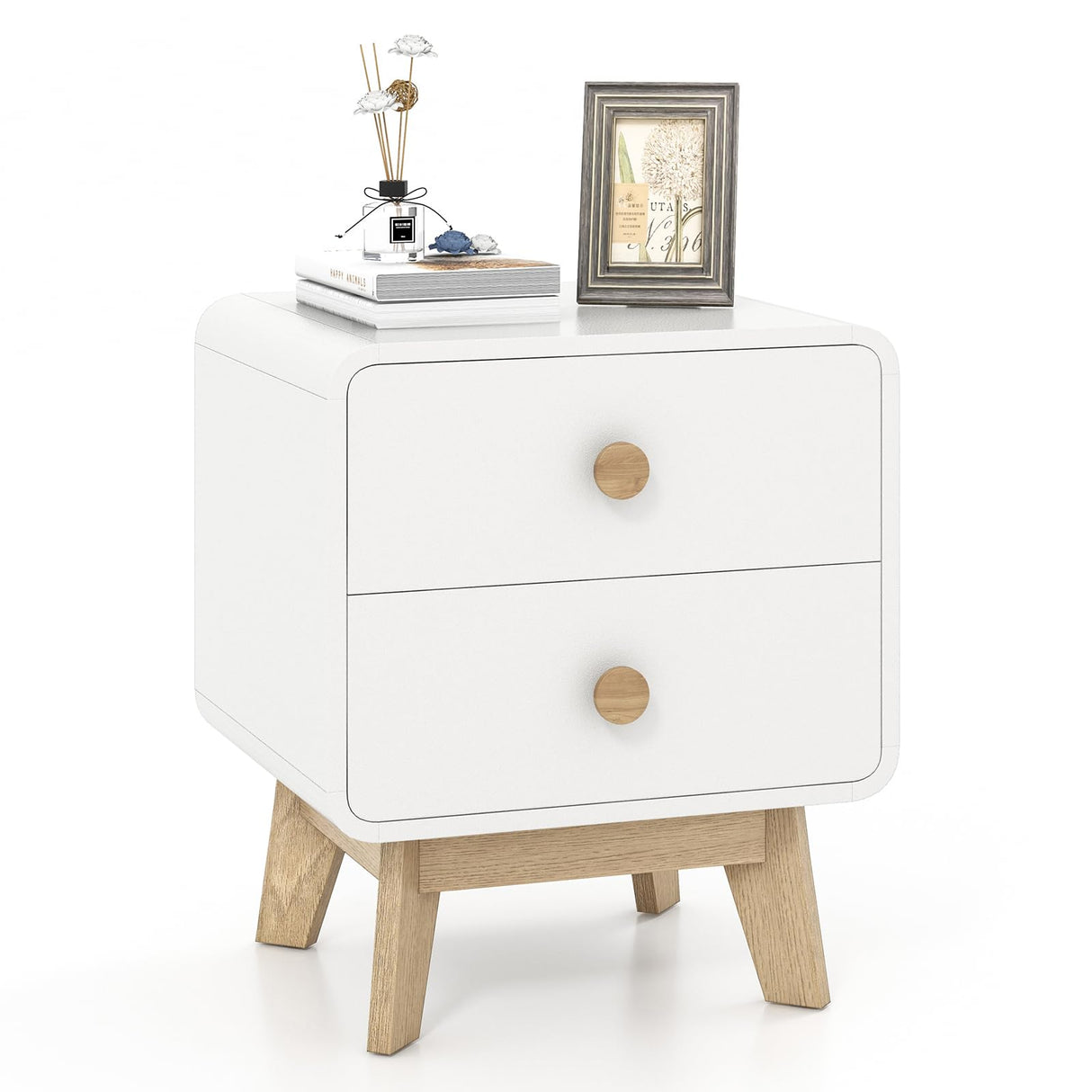 Nightstand with 2 Drawers, Modern Sofa Side Table with Solid Rubber Wood Legs