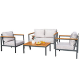 4 Piece Furniture Patio Lounge Conversation Set Solid Wood Armrest & Table Top Anti