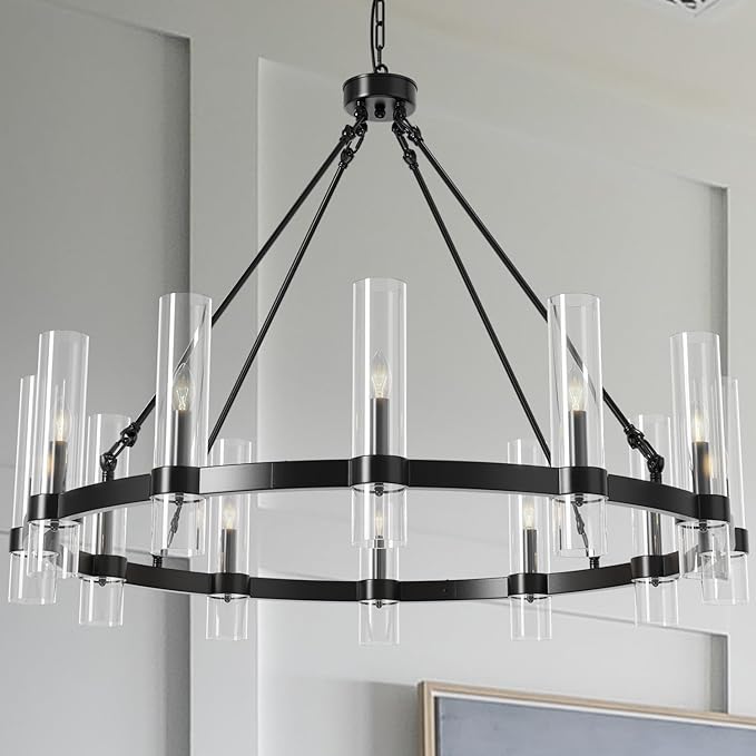 60 Inch Black Wagon Wheel Chandelier, 24 Lights, with Brown Glass Shade