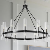 60 Inch Black Wagon Wheel Chandelier, 24 Lights, with Brown Glass Shade