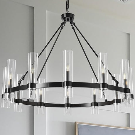 60 Inch Black Wagon Wheel Chandelier, 24 Lights, with Brown Glass Shade