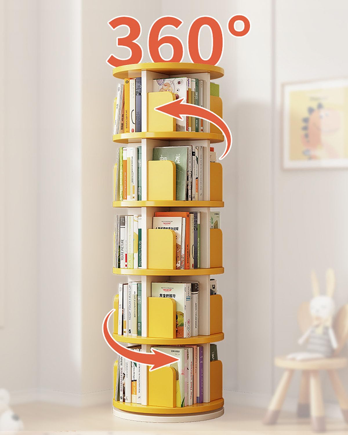 JSWHYBD 2/3/4/5 Tiers 360° Rotating Bookshelf Revolving Swivel Tall Bookcase Student Storage Picture Book Rack Floor-Standing Narrow Corner Display Shelf Book Organizer for Bedroom Living Room Office