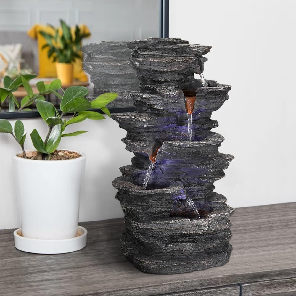 Large Rockery Tabletop Fountain - 15.7"H Resin Crafted Stacked Rockery Waterfall Fountain