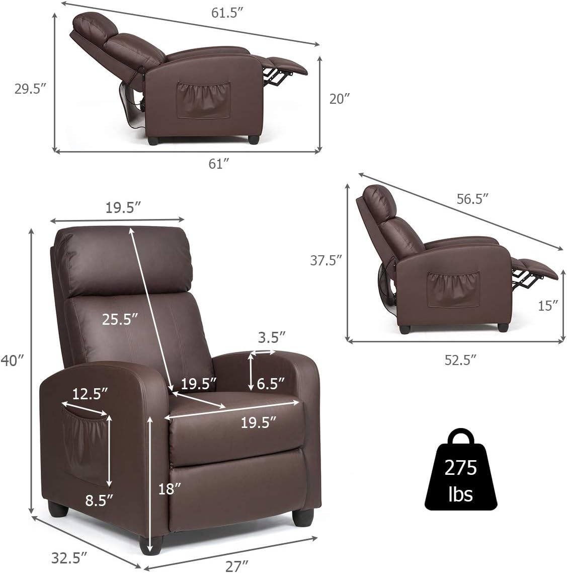 Recliner Chair PU Leather Recliner with Massage Function Small Reclining Chair