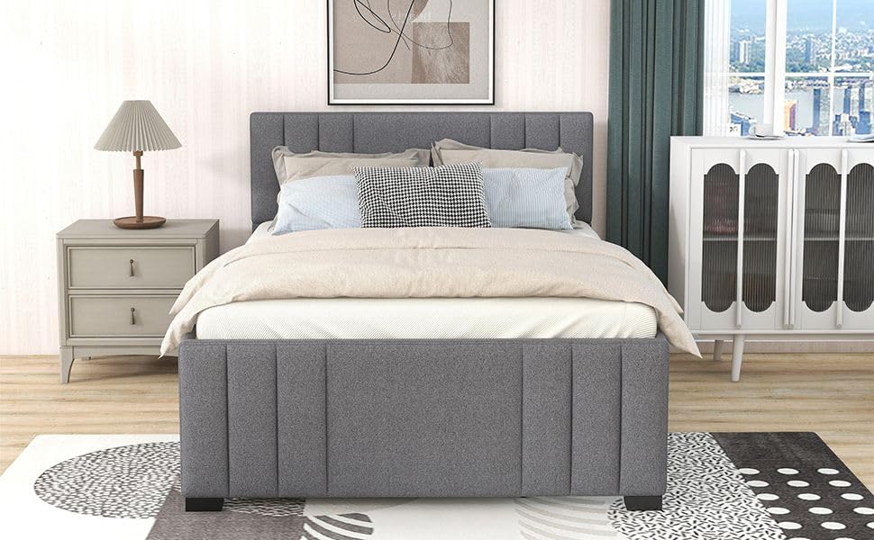 Platform Bed with Trundle, Modern Design and Tufted Linen, Grey
