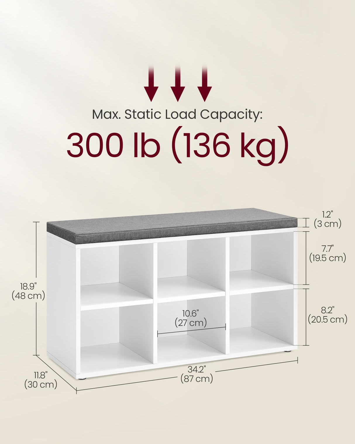 Shoe Bench, Shoe Storage Organizer with 6 Compartments and 3 Adjustable Shelves, Cushioned Seat, Compact and Narrow,